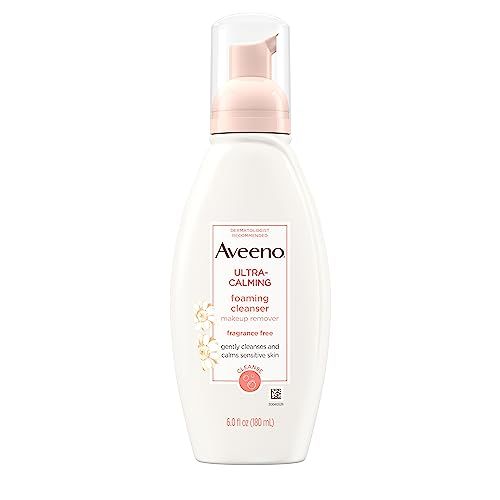 Aveeno Ultra-Calming Foaming Cleanser &amp; Makeup Remover Facial Cleanser with Calming Feverfew, Face Wash for Dry &amp; Sensitive Skin, Hypoallergenic, Fragrance-Free &amp; Non-Comedogenic, Unscented, 6 Fl Oz