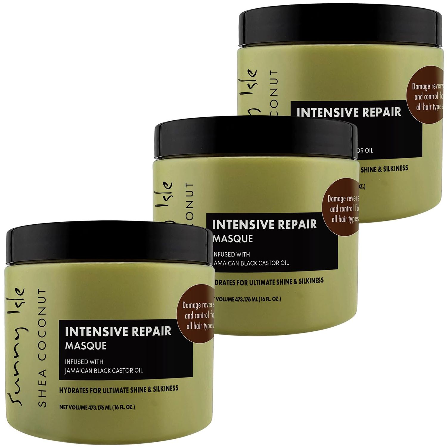 Sunny Isle Shea Coconut Intensive Repair Masque 16oz (Pack of 3) | Jamaican Black Castor Oil Infused | Deeply Conditions, Repairs, Hydrates, Strengthens Damaged Hair | Adds Shine &amp; Body
