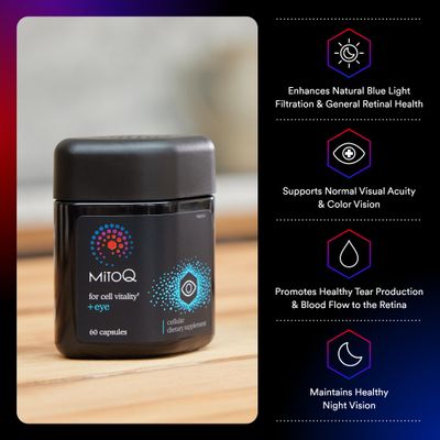 MitoQ Eye Advanced CoQ10 Antioxidant - Contains Mitoquinol Mesylate, Lutein, Zeaxanthin, Bilberry, Maritime Pine Bark - Supports Eye Health, Blue Light Filtration & Cell Vitality (60 Capsules)
