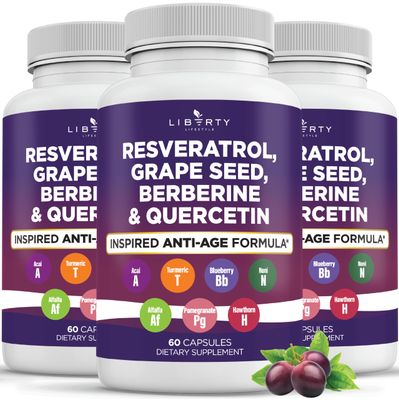 Liberty Lifestyle Resveratrol, Berberine, Grape Seed Extract, Quercetin, Polyphenol Supplement for Women and Men with Noni Extract, N-Acetyl Cysteine, Acai Extract (180 Count)