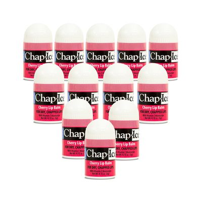 Chap-Ice | 12-Count Mini Cherry Lip Balm Pack Fortified with Vitamin E for Dry, Cracked Lips | Made in USA | Cherry Flavor (0.10oz/3g Each)