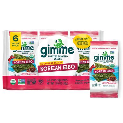Gimme Seaweed Organic Premium Roasted Seaweed Snacks, Korean BBQ, 6 Count, Keto, Vegan, Gluten-Free, Great Source of Omega3s and Iodine, Healthy On-The-Go Snack for Kids and Adults