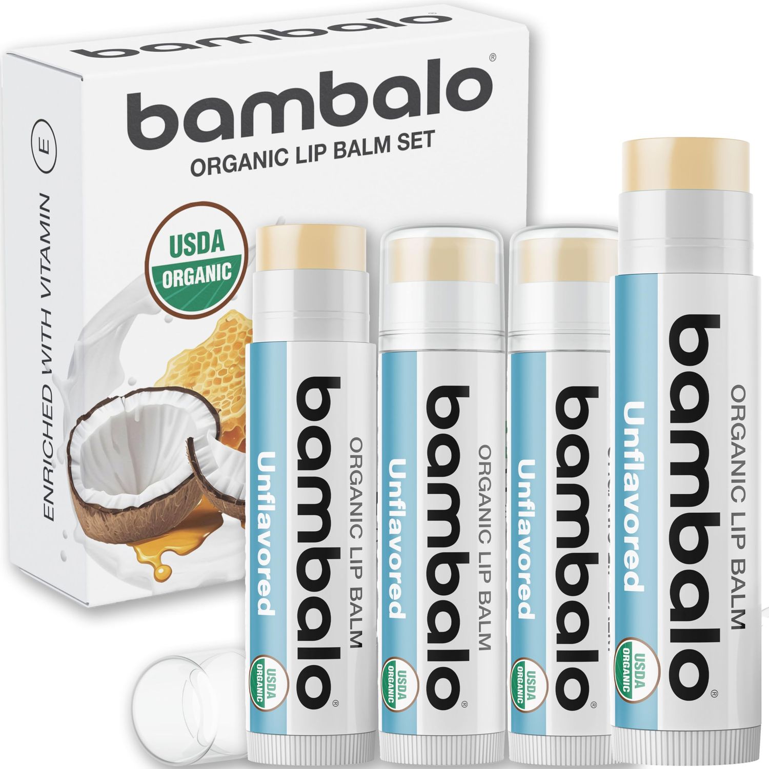 USDA Organic Lip Balm Unflavored 4-Pack by Bambalo - Beeswax, Coconut Oil, Vitamin E - Gentle Lip Repair Chapstick for Dry Lips - Moisturizing Care for Men and Women
