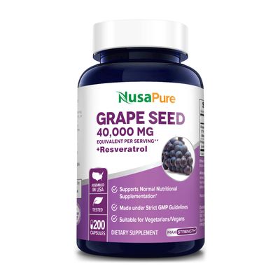 NusaPure Grape Seed Extract 40,000mg per Caps, 200 Vegan Capsules, Standardized, Non-GMO, Gluten Free, Resveratrol