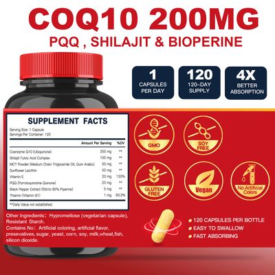 Quinovit CoQ10 200mg with PQQ & Shilajit - High Absorption with Bioperine Coenzyme Q10 Supplements - Powerful Antioxidant for Heart & Brain Health and Energy-Production - 120 Veggie Capsules