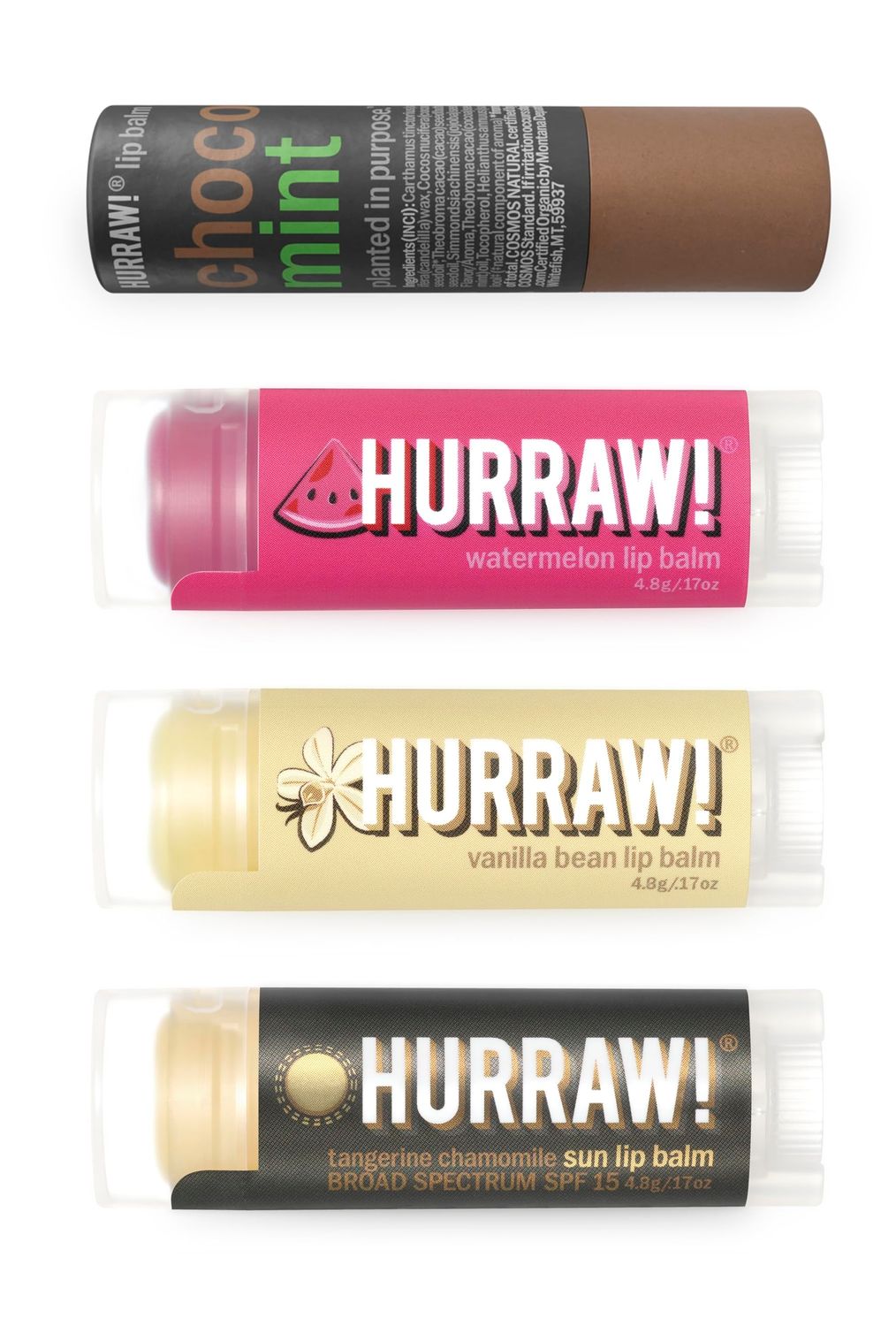 Hurraw! Lip Balms: Staff Favorites, 4 Balm Bundle Pack - Chocolate Mint, Watermelon, Vanilla Bean and Sun (SPF 15): Organic, Certified Vegan. 100 Natural Ingredients. Bee, Shea, Soy and Palm Free.