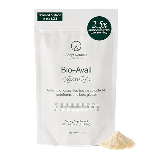 Adapt Naturals Colostrum Supplement with Lactoferrin &amp; Beta Glucan, Bio-Avail Grass Fed Bovine Colostrum Powder for Gut Health, Immune Support &amp; Vitality | Non-GMO, 2500mg, Unflavored - 30 Days Supply
