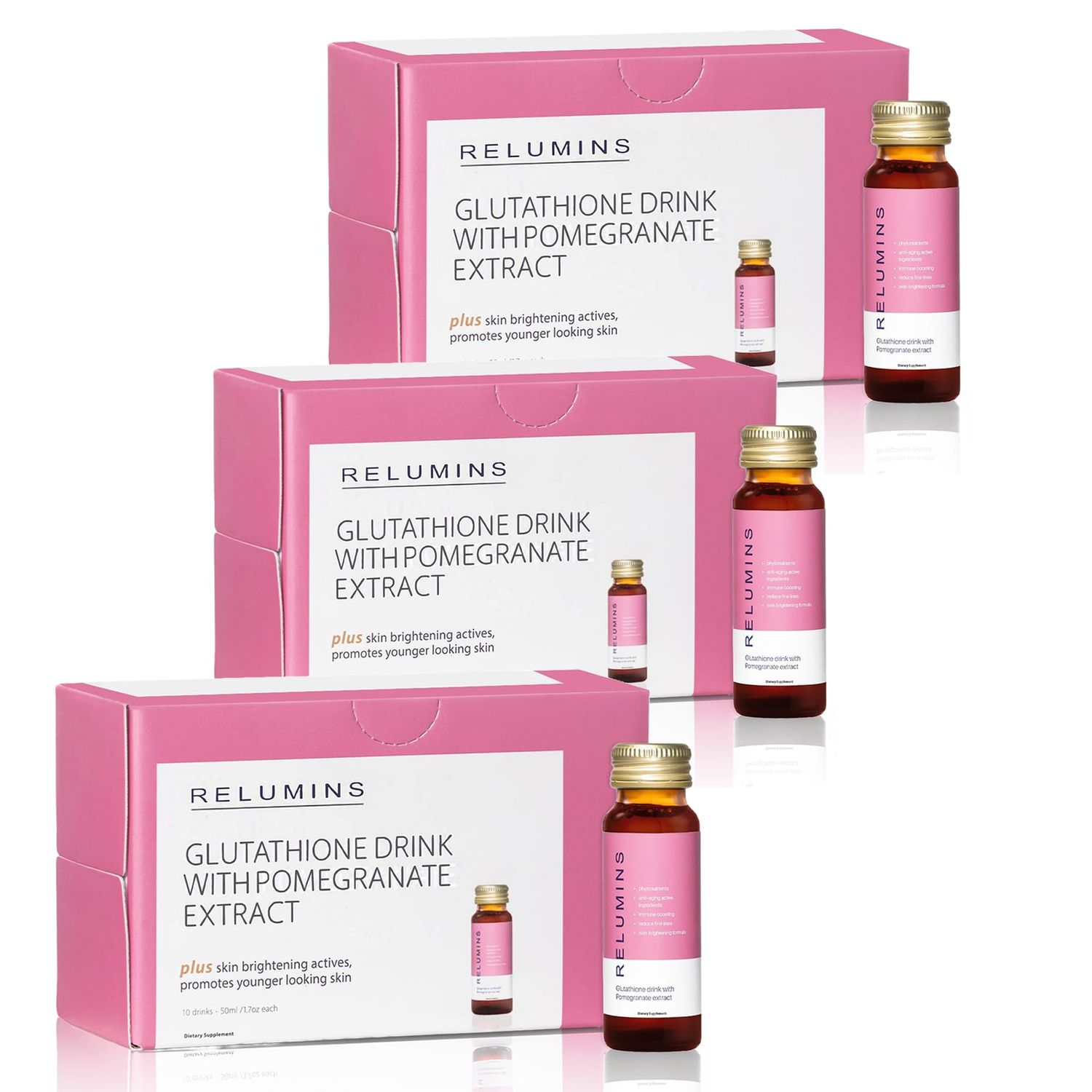 Relumins Glutathione Drink - Helps Promote Brighter and Firm Skin, Boosts Collagen Content, Moistures for a Younger Looking Skin - Pomegranate Flavor, 50mL x 30 Gluta Shot Bottles