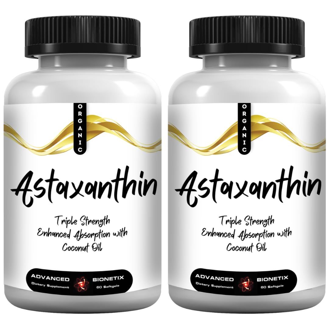 Advanced Bionetix Triple Strength AstaQuil Astaxanthin 2 Pack Savings 12mg High Bioavailability Formula, 120 Softgels Organic Coconut Oil for Enhanced Absorption. Powerful Antioxidant for Eye Health