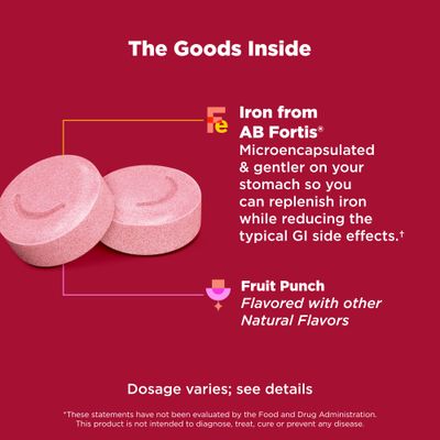OLLY Delightful Iron Chewable Tablet, Iron Supplement from AB Fortis, Fruit Punch Flavor, 30 or 20 Day Supply - 60 Count