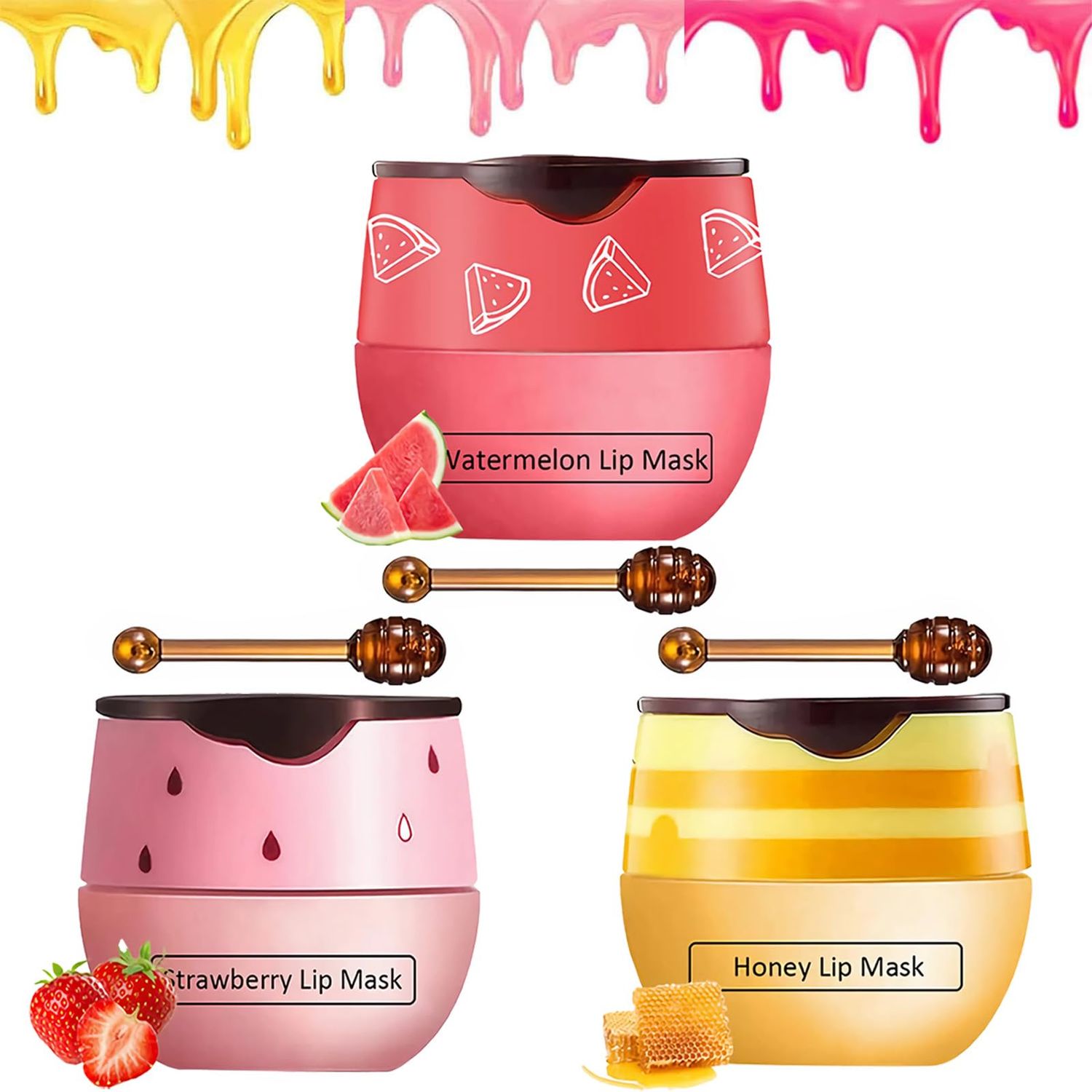 TIRDET 3PCS Bee Lip Balm Honey Pot, Exfoliating Honey Strawberry Watermelon Sleeping Lip Mask Overnight with Sticks, Prevention Dry Hydrating and Crack Scrubs