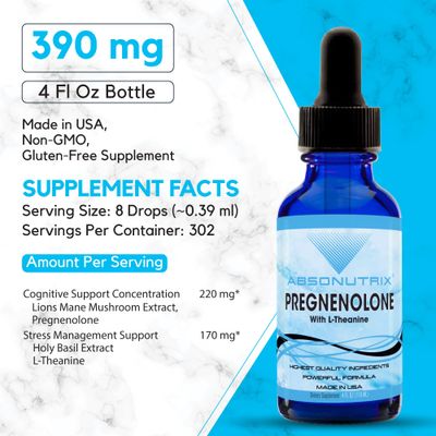 Absonutrix Pregnenolone with L-Theanine Advanced Formula 390 mg, 4 Oz Liquid, 302 Servings, Made in USA, Quick Absorption, Quality Potent Ingredients, Non-GMO, GMP Certified Facility