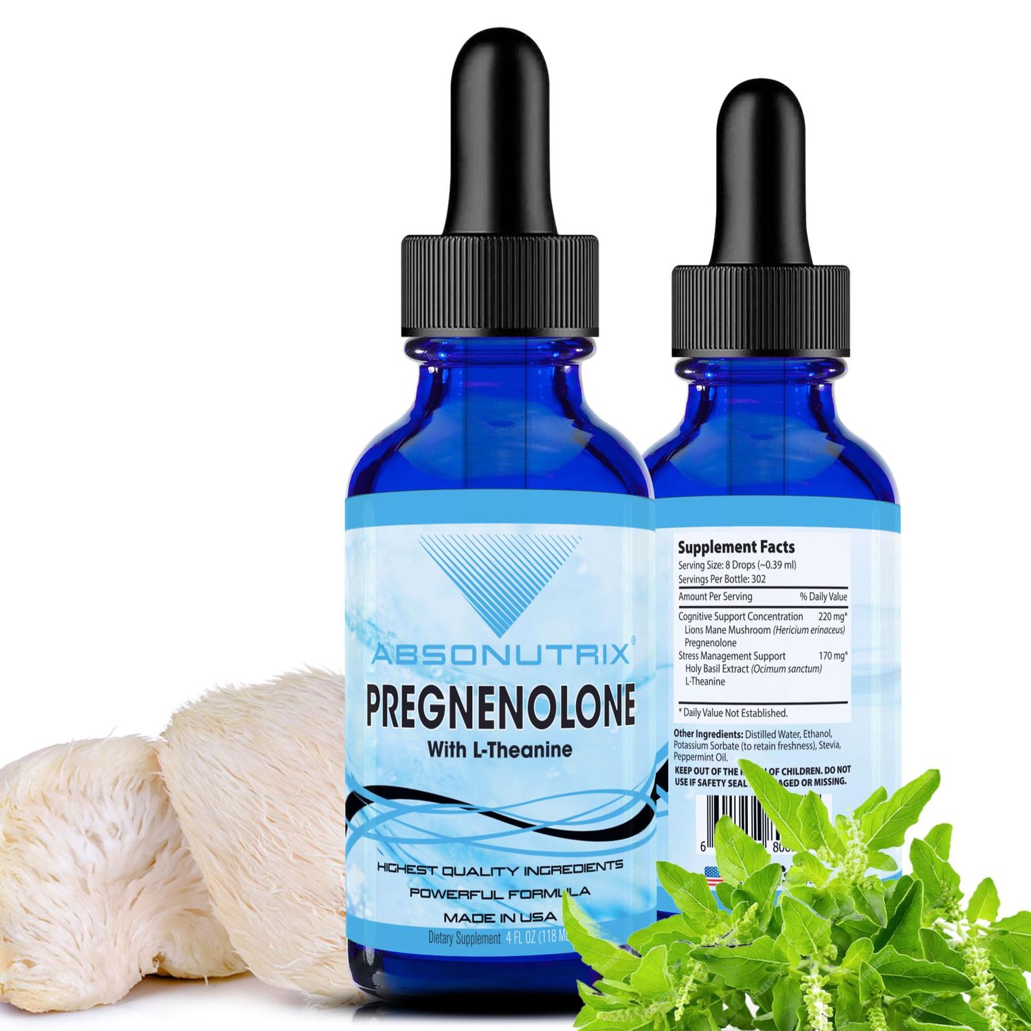 Absonutrix Pregnenolone with L-Theanine Advanced Formula 390 mg, 4 Oz Liquid, 302 Servings, Made in USA, Quick Absorption, Quality Potent Ingredients, Non-GMO, GMP Certified Facility