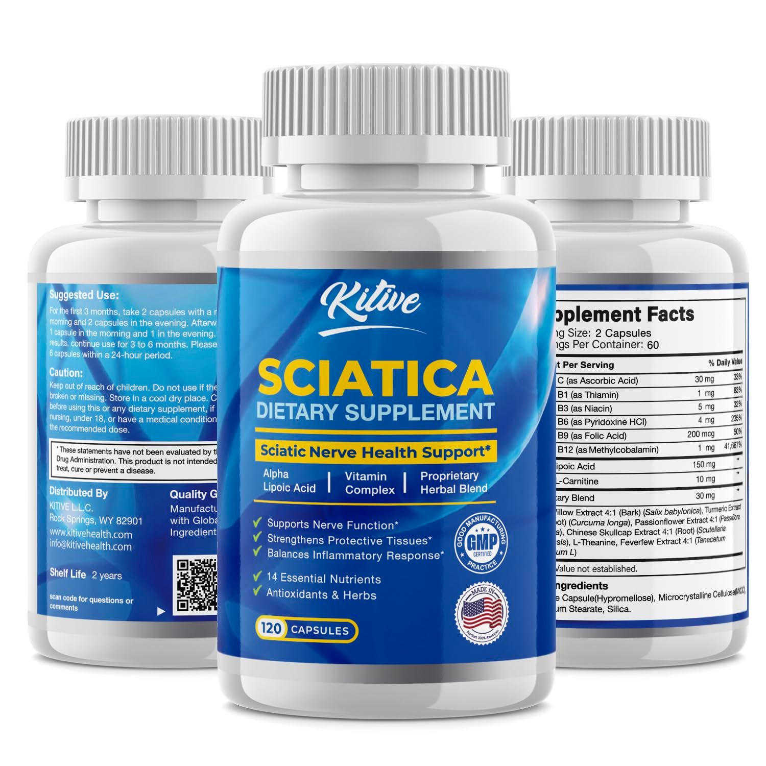Sciatic Nerve Relief Supplement: Advanced Support Formula for Sciatica Nerve - Potent Herbal Relief Ingredients Alpha Lipoic Acid Acetyl L-Carnitine Turmeric - Made in USA 120 Capsules