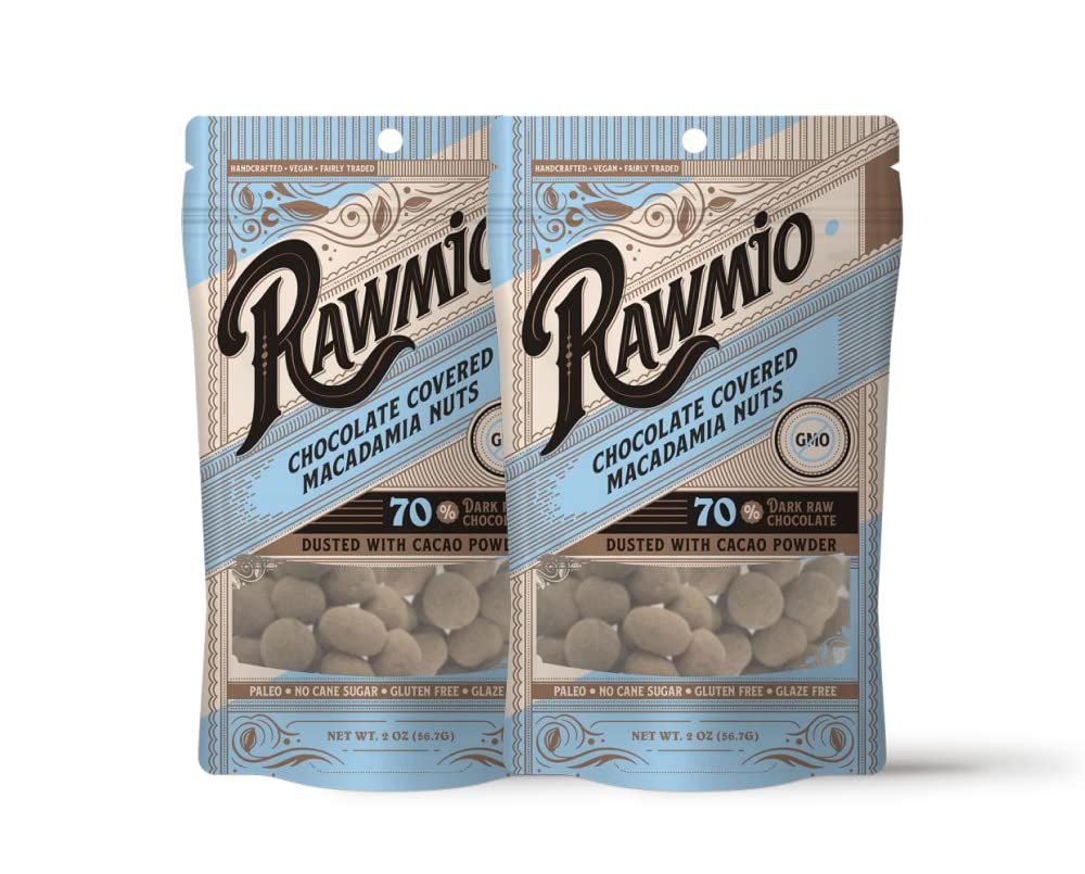 Rawmio Chocolate Covered Macadamia Nuts - Organic, Raw, Vegan, 70 Dark Chocolate, 2 Packs, 2 oz.