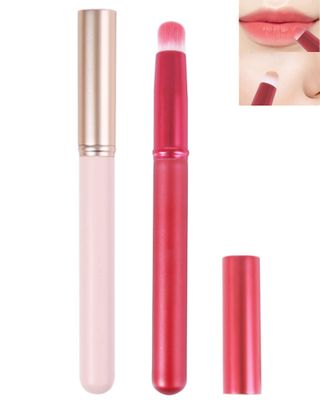 Lip Blending Brush with Lid, Lip Smudge Brush, Spot Concealer Brush, Professional Lip Smudge Brush for Lipstick Gloss Creams, Hygienic Portable with Cap, for Women Girl Gift-2Pcs (Pink &amp; Red)