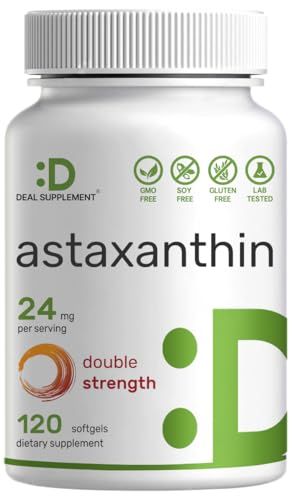 DEAL SUPPLEMENT Astaxanthin 24mg Per Serving, 120 Softgels - Double Strength Microalgae - Natural Tanning Pills - Antioxidant Supplements for Skin, Eyes, Joints &amp; Immune Support - Non-GMO