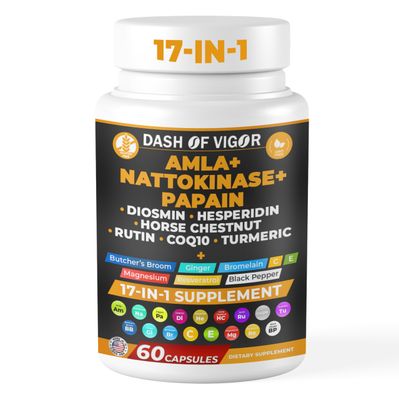 Dash of Vigor 17-in-1 Amla Extract, Papain Supplement, Nattokinase Diosmin Hesperidin Supplement, CoQ10 with Turmeric Extract, Horse Chestnut Extract, Vitamin C and Rutin, USA, 60 Capsules