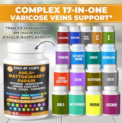 Dash of Vigor 17-in-1 Amla Extract, Papain Supplement, Nattokinase Diosmin Hesperidin Supplement, CoQ10 with Turmeric Extract, Horse Chestnut Extract, Vitamin C and Rutin, USA, 60 Capsules