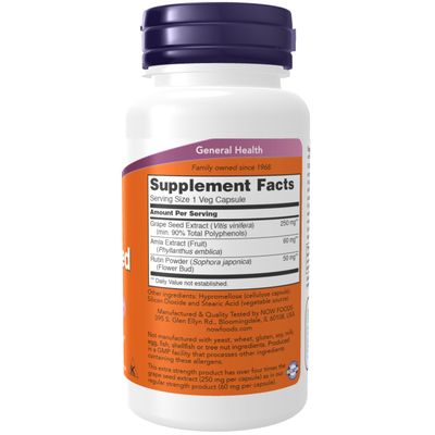 NOW Foods Supplements, Grape Seed (a Highly Concentrated Extract with a Minimum of 90 Polyphenols) Extra Strength 250 mg, 90 Veg Capsules