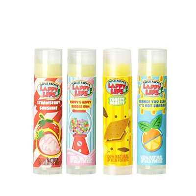 Lappy Lips Organic 100 Natural, Lip Balm Chap stick for Kids, Toddlers (4 flavors) - Organic Essential Oil - for Dry Chapped Lips to Restore and Heal and Make Kids Happy