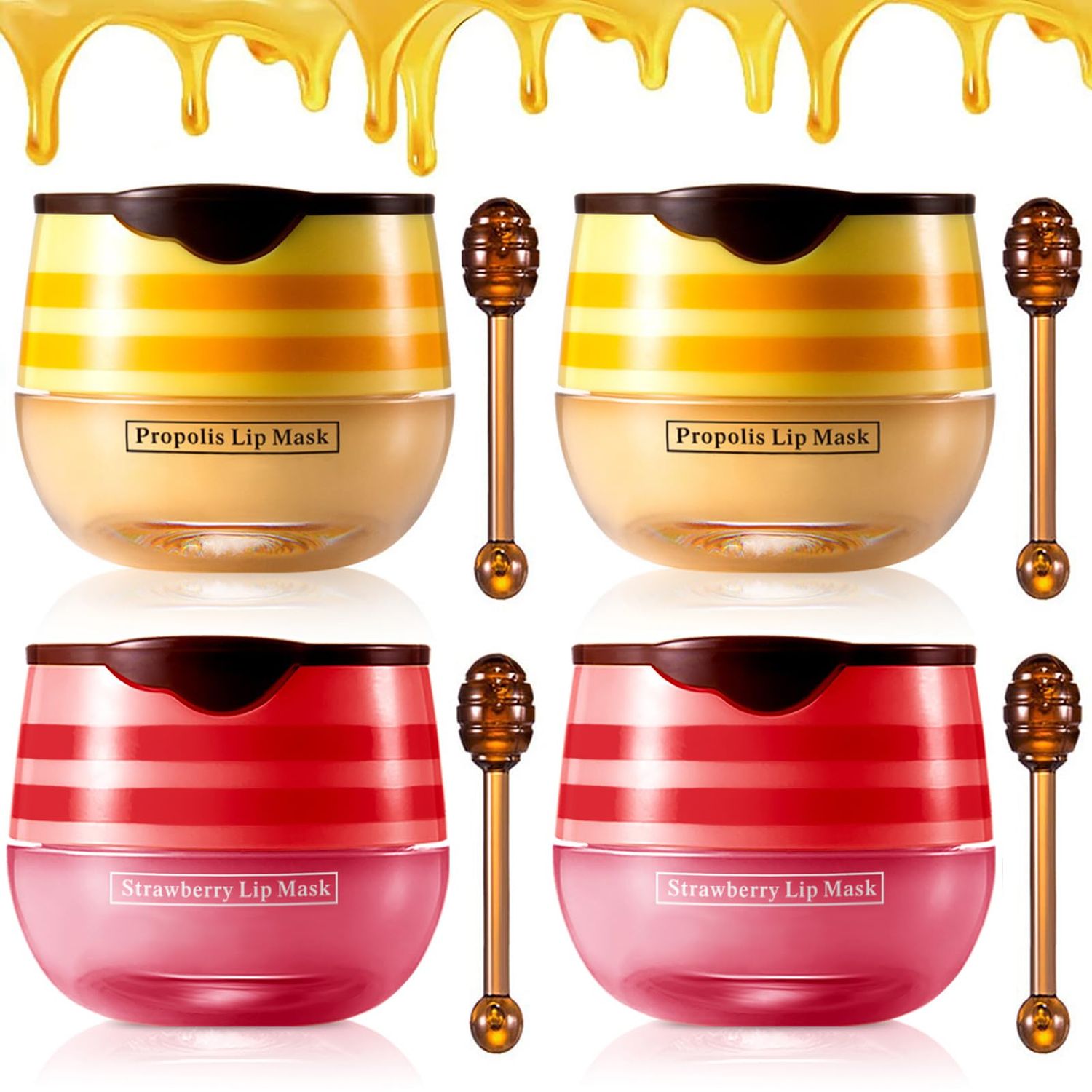4PCS Strawberry &amp; Honey Lip Balm, Vitamin E Moisturizing Propolis Sleeping Lip Mask, Effective Reduces Lip Lines Prevention Dry and Cracked Lip Scrubs Exfoliator Smoothing Dry Lip Care