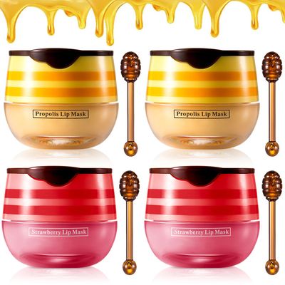 4PCS Strawberry &amp; Honey Lip Balm, Vitamin E Moisturizing Propolis Sleeping Lip Mask, Effective Reduces Lip Lines Prevention Dry and Cracked Lip Scrubs Exfoliator Smoothing Dry Lip Care