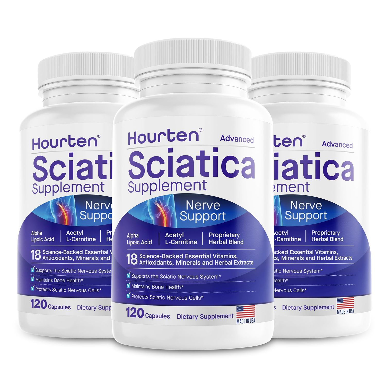 Hourten Advanced Sciatic Nerve Support Relief: Alpha Lipoic Acid - 18 in 1 Sciatica Supplements - Vitamin B Complex - Made in USA (360 Count (Pack of 1))