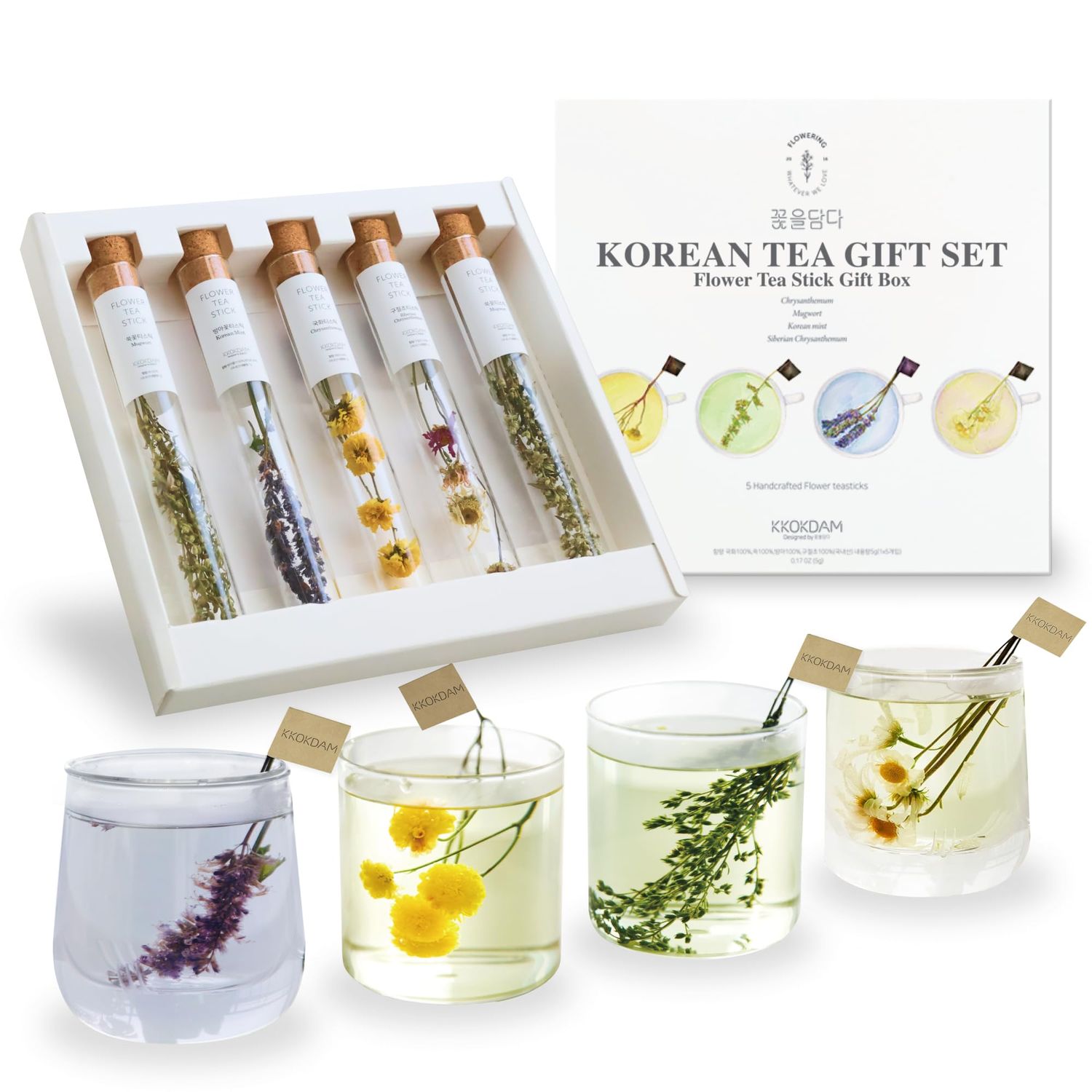KKOKDAM Fancy Korean Tea Gift Set - Premium Flower Tea Stick Variety Pack - 5 Loose Leaf Blooming Flower Teas