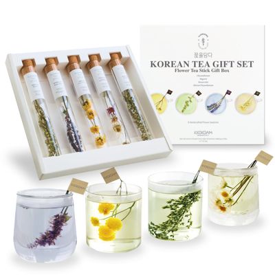 KKOKDAM Fancy Korean Tea Gift Set - Premium Flower Tea Stick Variety Pack - 5 Loose Leaf Blooming Flower Teas