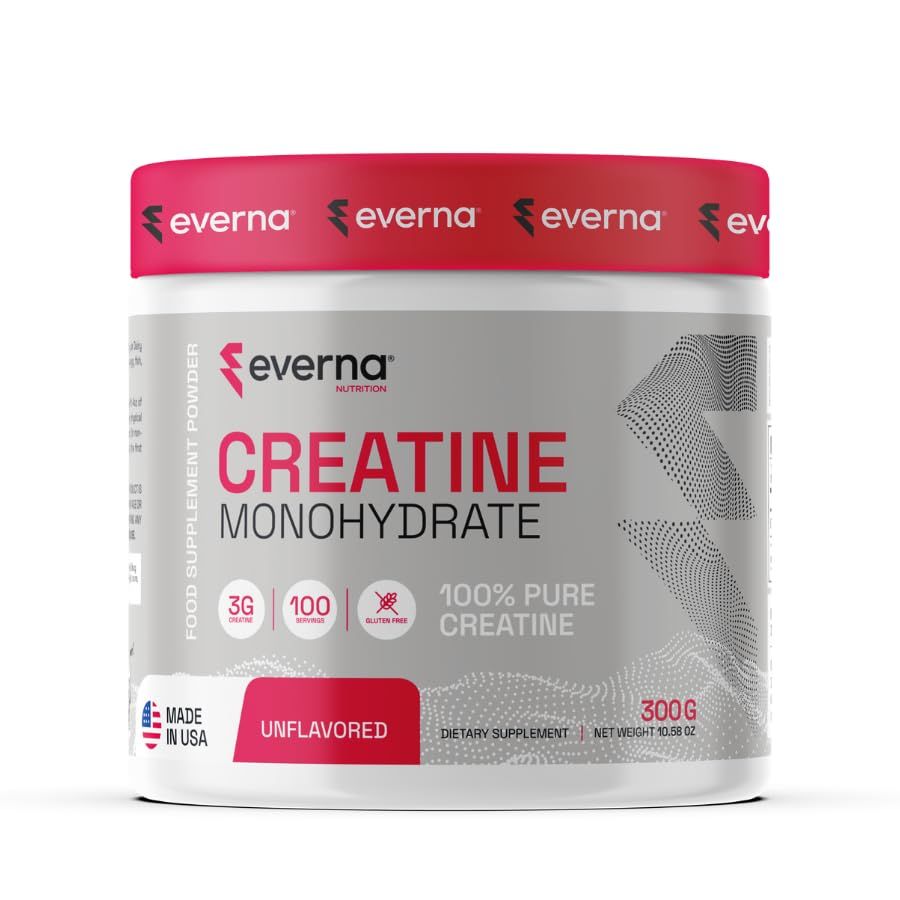 EVERNA Creatine Monohydrate Powder, 10.58oz (300g) Unflavored, 100 Servings, 100 Pure Creatine