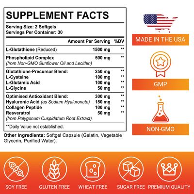 Liposomal Glutathione Softgels, Enhanced Absorption - Liposomal Delivery, Active Form L-Glutathione, Made in USA, Rich in Antioxidant Formula, Gluten Free, 120 Softgels