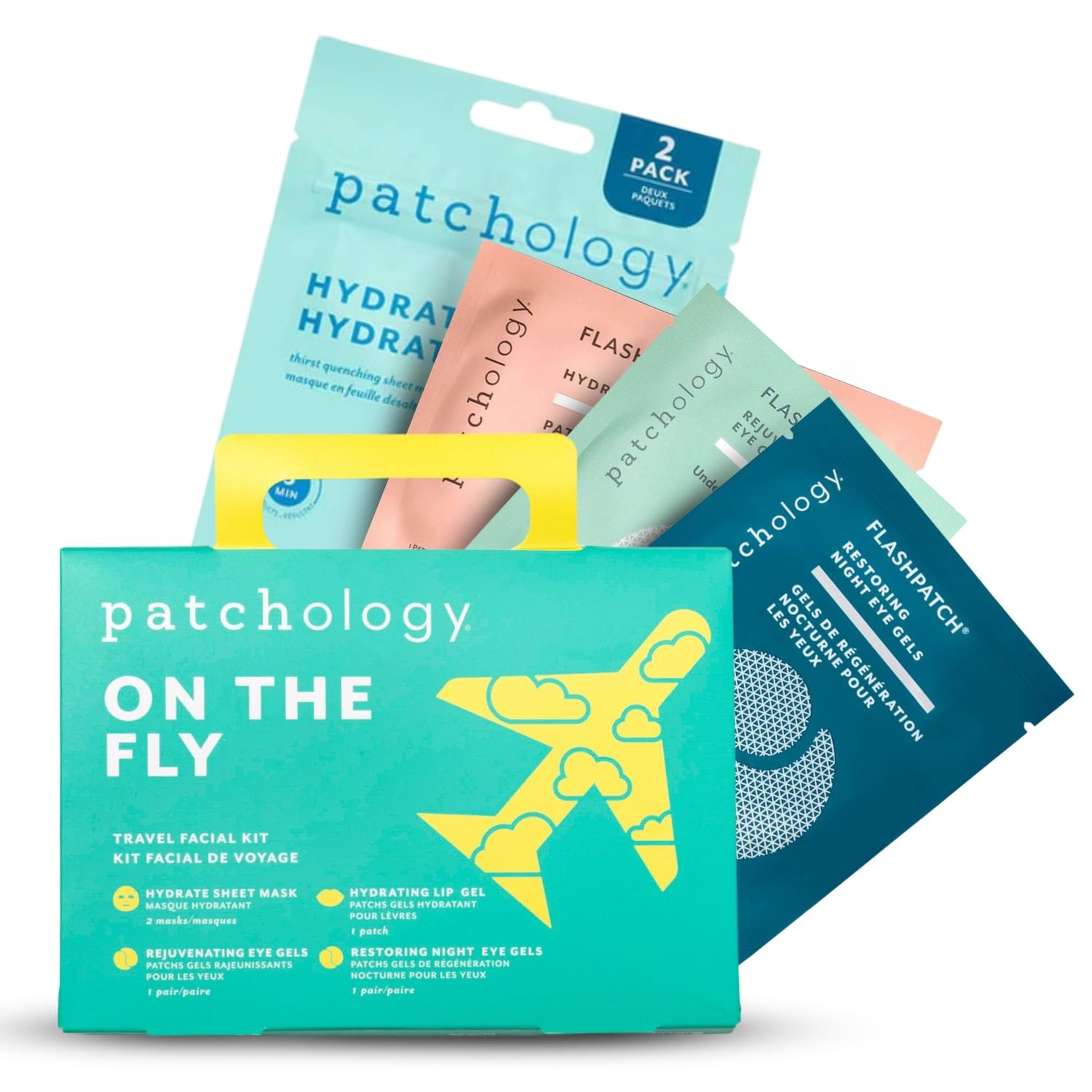 Patchology On The Fly Travel Facial Kit - Travel-Friendly Hydrating Skincare Essentials for Face, Eyes and Lips - Includes 2 Pair Under Eye Patches, 2 Hydrate Sheet Mask for Refreshed Skin,1 Lip Mask