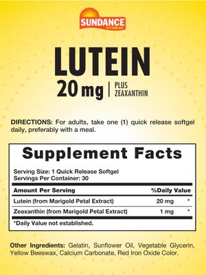 Sundance Lutein 20mg | 30 Softgels | with Zeaxanthin | Non-GMO and Gluten Free Supplement
