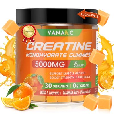Creatine Monohydrate Gummies 5000mg for Muscle Growth,Strength &amp; Energy Support,Sugar-Free,Pre-Workout Gummy with L-Taurine,Vitamin B6 &amp; Vitamin B12 for Men &amp; Women-120 Gummies,Portable and Chewable