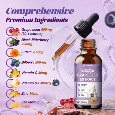 Grape Seed Extract Liquid Drops | High Potency 95 Polyphenols Antioxidant Supplement for Skin, Heart & Immune Support | Vegan, Gluten Free | Alcohol-Free & Non-GMO | 2FL