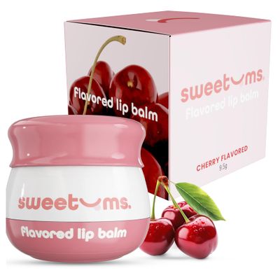 Sweetums Cherry Lip Balm with Vitamin E Oil - Natural Lip Moisturizer for Dry, Chapped Lips - Vegan Lip Care with Built-In Mirror and Applicator - Hydrating Lip Treatment - 0.15 oz