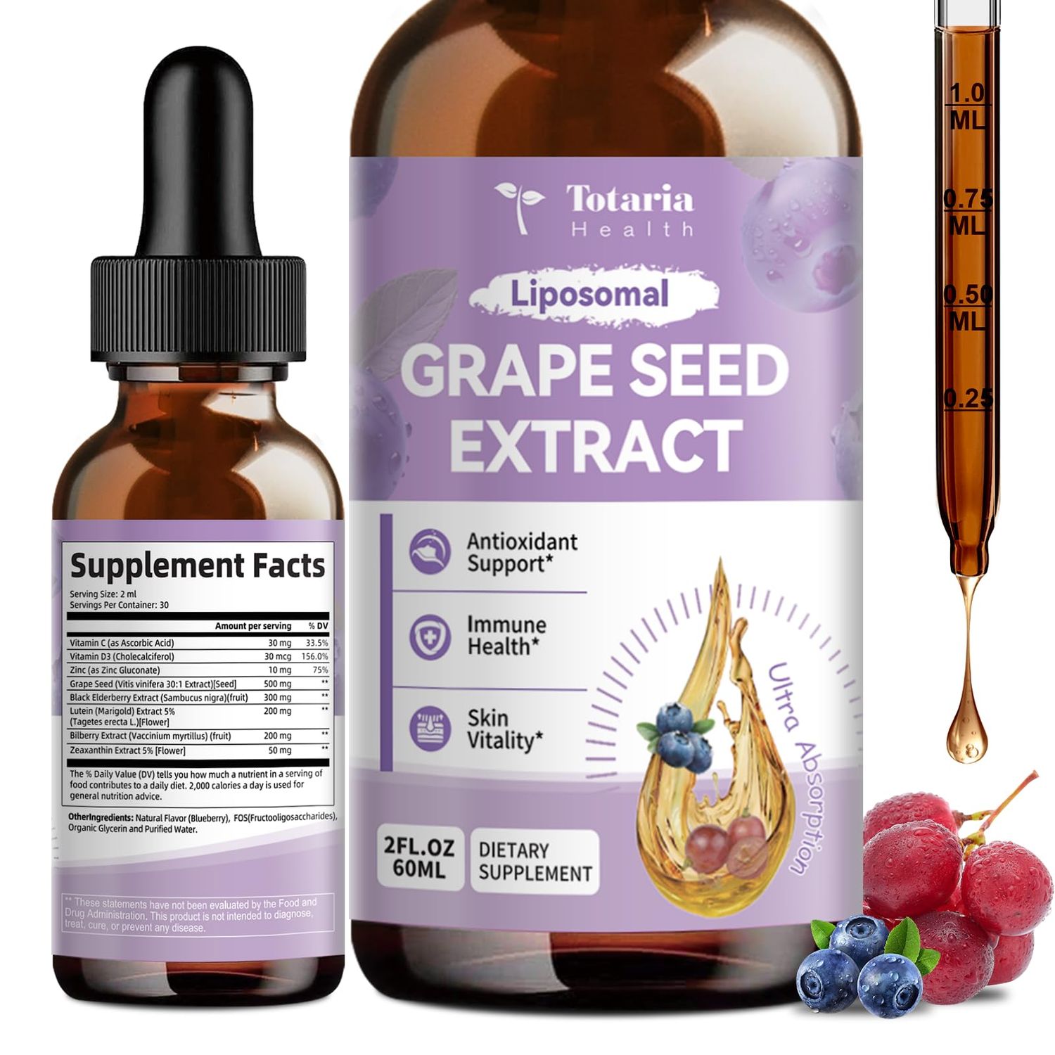 Grape Seed Extract Liquid Drops | High Potency 95 Polyphenols Antioxidant Supplement for Skin, Heart &amp; Immune Support | Vegan, Gluten Free | Alcohol-Free &amp; Non-GMO | 2FL