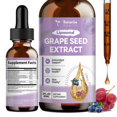 Grape Seed Extract Liquid Drops | High Potency 95 Polyphenols Antioxidant Supplement for Skin, Heart &amp; Immune Support | Vegan, Gluten Free | Alcohol-Free &amp; Non-GMO | 2FL