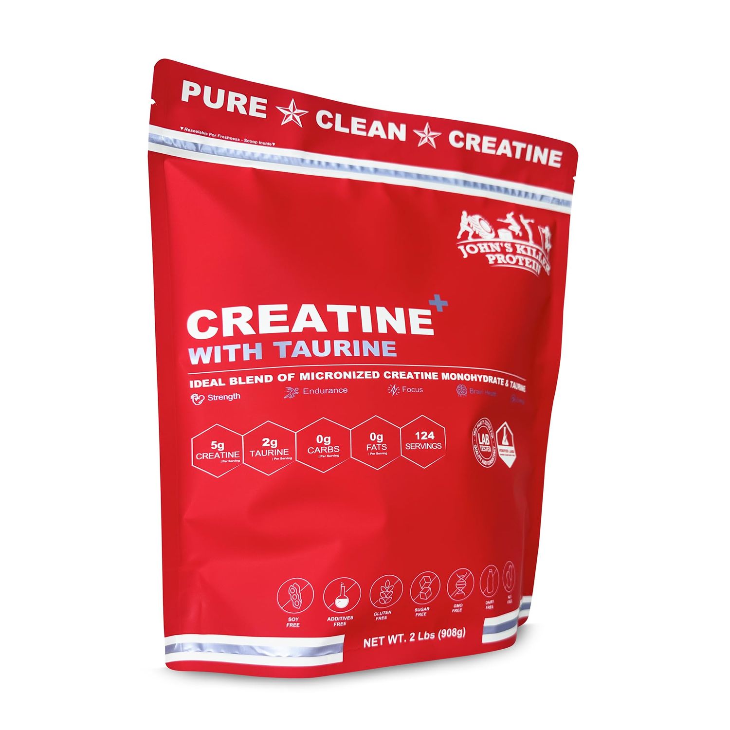 John&#39;s Killer Protein Creatine with Taurine, 2 lbs, Micronized Blend, 5g Creatine 2g Taurine Per Serving, Unflavored