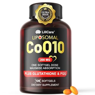 CoQ10 200mg per Softgel, Made in USA: Liposomal CoQ10 with Black Pepper Extract for Maximum Absorption - Ultra Coenzyme Q10 Supplement with Antioxidants for Energy, Hear-t &amp; Brain Health, 120 Softgels
