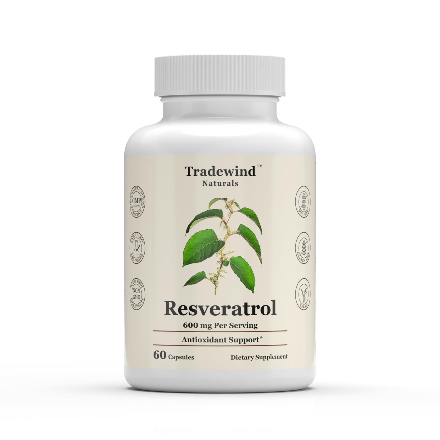 Tradewind Naturals Resveratrol 600mg - Vegan - Non-GMO - Support Healthy Aging and Cardiovascular Health - Rich in Antioxidants - 60 Vegetable Capsules
