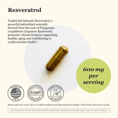 Tradewind Naturals Resveratrol 600mg - Vegan - Non-GMO - Support Healthy Aging and Cardiovascular Health - Rich in Antioxidants - 60 Vegetable Capsules