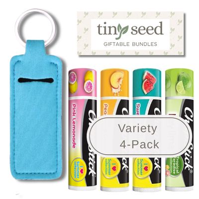 TINY SEED Gift Set: Variety 4-Pack Lip Balm: Key Lime, Pink Lemonade, Peaches &amp; Cream, Sweet Watermelon from I Love Summer &amp; Tropical Paradise Collection. Includes Lip Balm Holder Keychain (Blue)