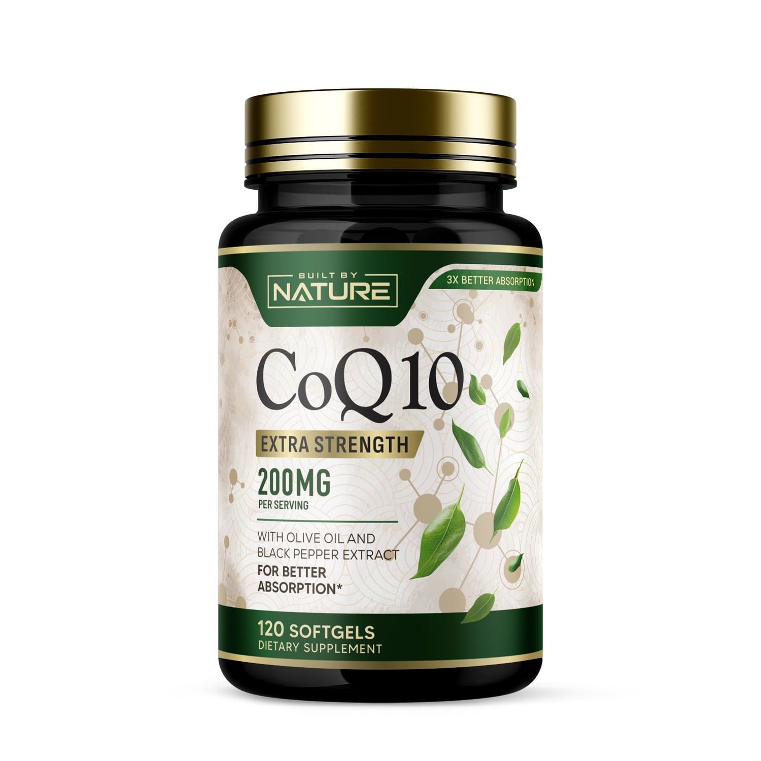 Built by Nature CoQ10 200 mg - Coenzyme Q10 with Olive Oil and Black Pepper for High Absorption - Supports Heart Health &amp; Energy - Antioxidant Supplement- 2 Month Supply, 120 Softgels