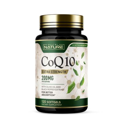 Built by Nature CoQ10 200 mg - Coenzyme Q10 with Olive Oil and Black Pepper for High Absorption - Supports Heart Health &amp; Energy - Antioxidant Supplement- 2 Month Supply, 120 Softgels