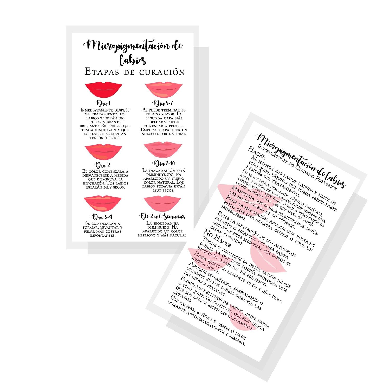 Boutique Marketing LLC Spanish Lip Blush Aftercare Card | Micropigmentacin de Labios | 50 Pack | 2 x 3.5in inches Business Card | White with Red Lips Design, LIP-SB-W-457