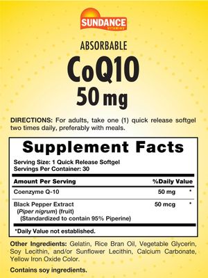 Sundance CoQ10 50mg | 30 Absorbable Softgels | Non-GMO and Gluten Free Supplement