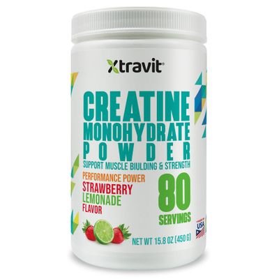Xtravit Creatine Monohydrate Powder Supplements - Strawberry Lemonade Flavored Drink Mix for Men &amp; Women - Support Muscle Gains &amp; Strength - Pure Filler &amp; GMO Free Supplement, 5000mg, 15.8 oz