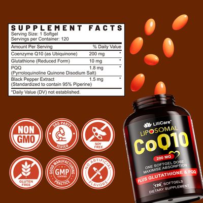 CoQ10 200mg per Softgel, Made in USA: Liposomal CoQ10 with Black Pepper Extract for Maximum Absorption - Ultra Coenzyme Q10 Supplement with Antioxidants for Energy, Hear-t &amp; Brain Health, 120 Softgels